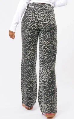 Brown Leopard Print Denim Wide Leg Denim Jean
