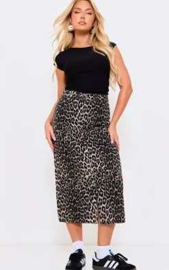 Brown Leopard Print Denim Midaxi Skirt