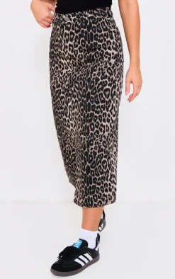 Brown Leopard Print Denim Midaxi Skirt