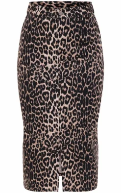 Brown Leopard Print Denim Midaxi Skirt