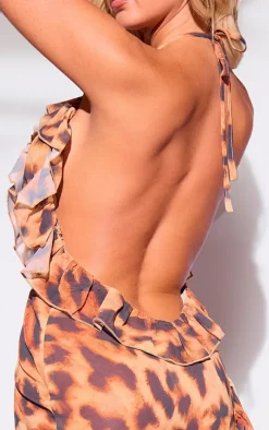 Brown Leopard Print Frill Chiffon Maxi Beach Dress