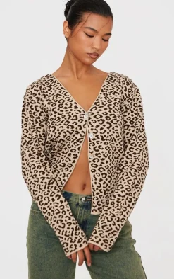 Brown Leopard Print Knitted Button Up V Neck Cardigan