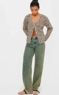 Brown Leopard Print Knitted Button Up V Neck Cardigan