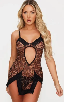 Brown Leopard Print Lace Trim Cut Out Slip Dress