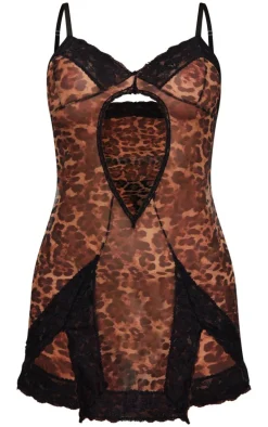 Brown Leopard Print Lace Trim Cut Out Slip Dress
