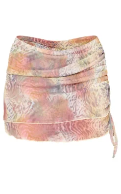 Brown Leopard Print Mesh Ruched Micro Mini Skirt