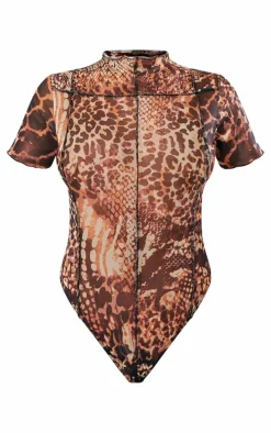 Brown Leopard Print Mesh Exposed Seam Bodysuit