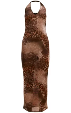 Brown Leopard Print Mesh Halterneck Midaxi Dress