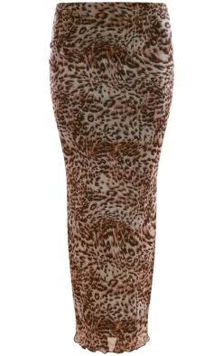 Brown Leopard Print Mesh Low Rise Midaxi Skirt