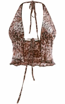 Brown Leopard Print Mesh Halterneck Top