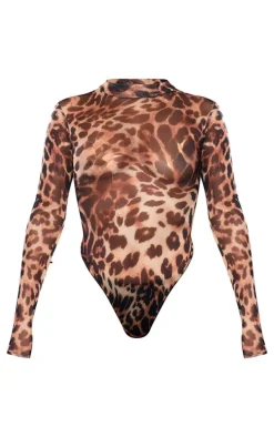 Brown Leopard Print Mesh High Neck Bodysuit