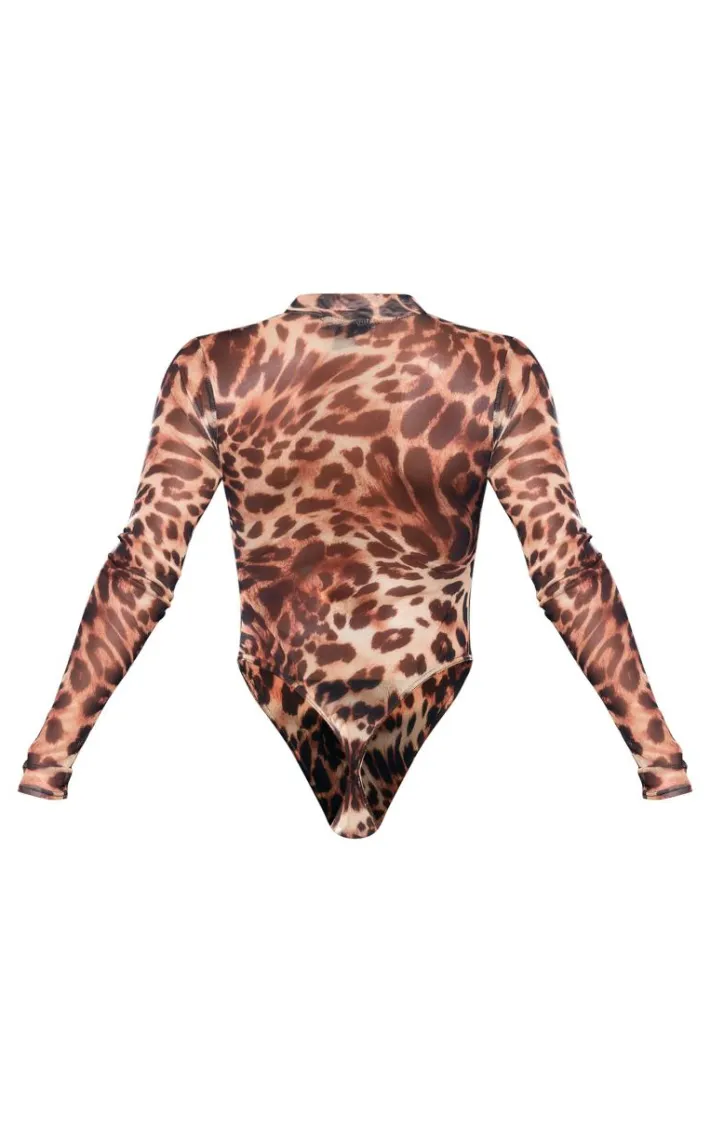 Brown Leopard Print Mesh High Neck Bodysuit