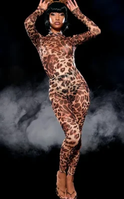 Brown Leopard Print Mesh Leggings