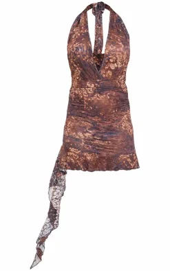 Brown Leopard Print Mesh Halterneck Ruched Mini Dress
