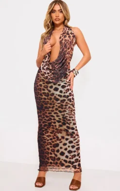 Brown Leopard Print Mesh Low Rise Maxi Skirt