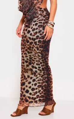 Brown Leopard Print Mesh Low Rise Maxi Skirt
