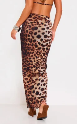 Brown Leopard Print Mesh Low Rise Maxi Skirt