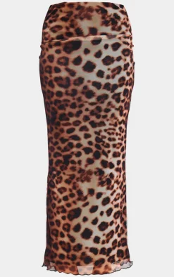 Brown Leopard Print Mesh Low Rise Maxi Skirt