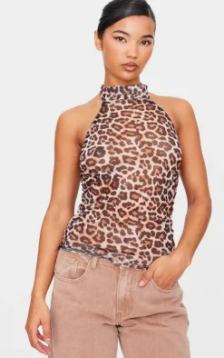 Brown Leopard Print Mesh High Neck Backless Long Top