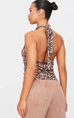 Brown Leopard Print Mesh High Neck Backless Long Top