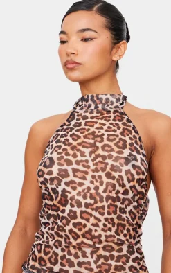 Brown Leopard Print Mesh High Neck Backless Long Top