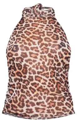 Brown Leopard Print Mesh High Neck Backless Long Top