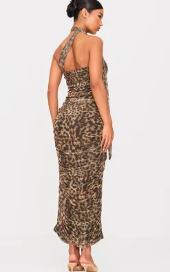 Brown Leopard Print Mesh Bandeau Scarf Maxi Dress