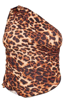 Brown Leopard Print One Shoulder Plisse Top