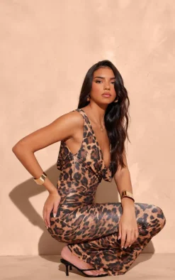 Brown Leopard Print Plisse Cowl Plunge Maxi Dress
