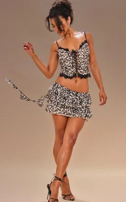 Brown Leopard Print Ruffle Mini Skirt