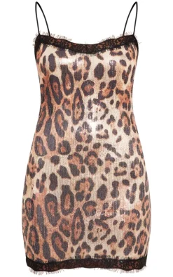 Brown Leopard Print Sequin Lace Trim Mini Dress