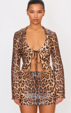 Brown Leopard Print Sequin Tie Front Detail Long Sleeve Shirt