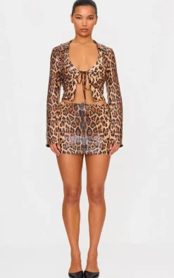 Brown Leopard Print Sequin Tie Front Detail Long Sleeve Shirt