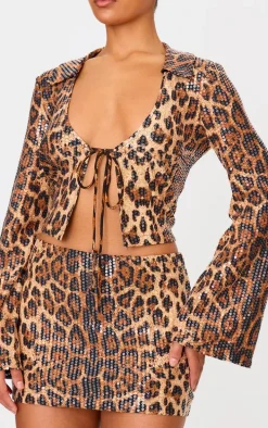 Brown Leopard Print Sequin Tie Front Detail Long Sleeve Shirt