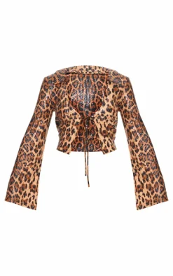 Brown Leopard Print Sequin Tie Front Detail Long Sleeve Shirt