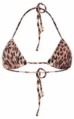 Brown Leopard Print Shirred Triangle Bikini Top