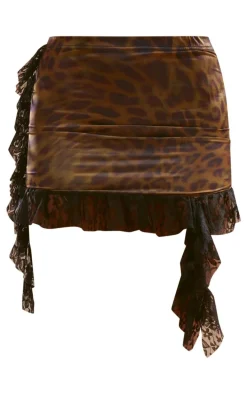 Brown Leopard Print Slinky Lace Trim Mini Skirt