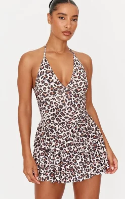 Brown Leopard Print Slinky Halter Neck Rara Skort Romper