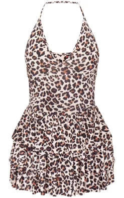 Brown Leopard Print Slinky Halter Neck Rara Skort Romper