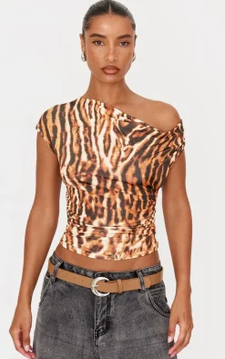 Brown Leopard Print Slinky Backless Asymmetric Long Top