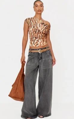 Brown Leopard Print Slinky Backless Asymmetric Long Top