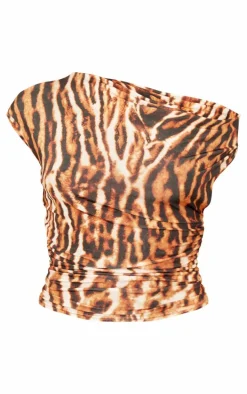 Brown Leopard Print Slinky Backless Asymmetric Long Top