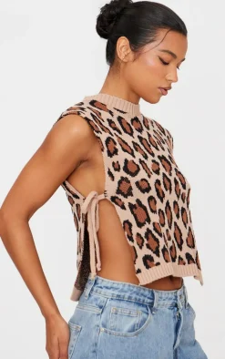 Brown Leopard Print Split Side Knitted Vest