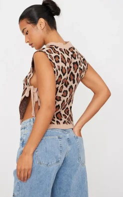 Brown Leopard Print Split Side Knitted Vest