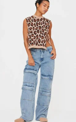 Brown Leopard Print Split Side Knitted Vest