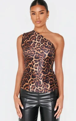 Brown Leopard Print Stretch Slinky Ruched Side Long Top