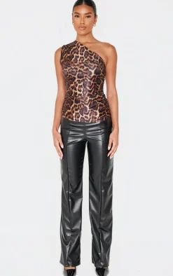 Brown Leopard Print Stretch Slinky Ruched Side Long Top