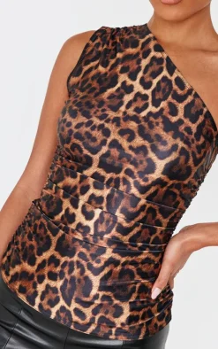 Brown Leopard Print Stretch Slinky Ruched Side Long Top