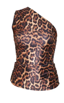 Brown Leopard Print Stretch Slinky Ruched Side Long Top