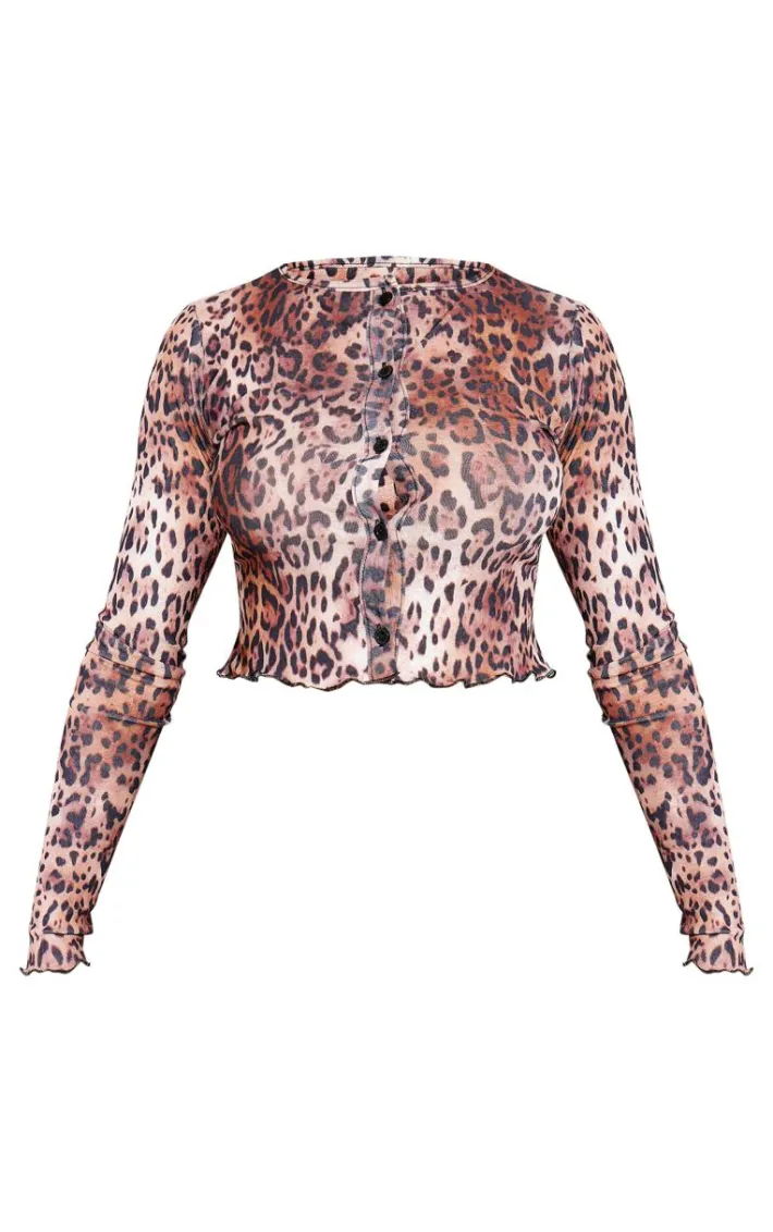 Brown Leopard Print Textured Jersey Button Front Top